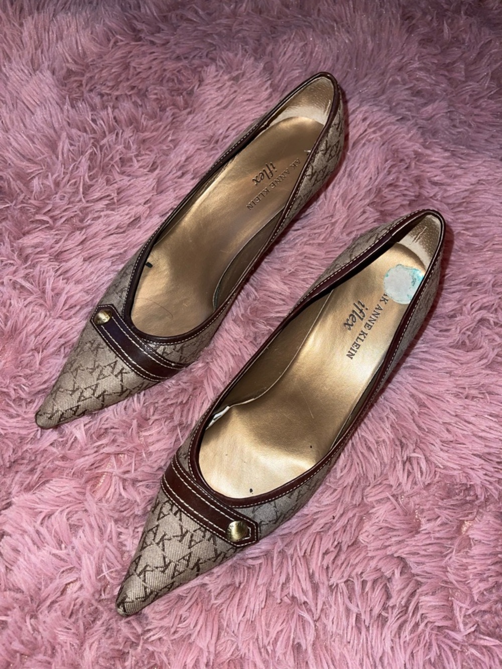 Anne Klein Pointed Toe Logo Flats in Beige and Brown with Gold Accent